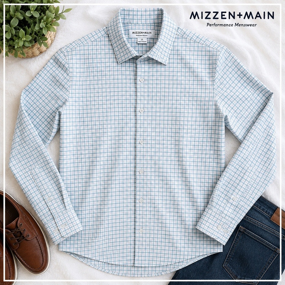 Mizzen+Main Trim Fit Shirt Mens M Blue Plaid Performance Stretch Button Down